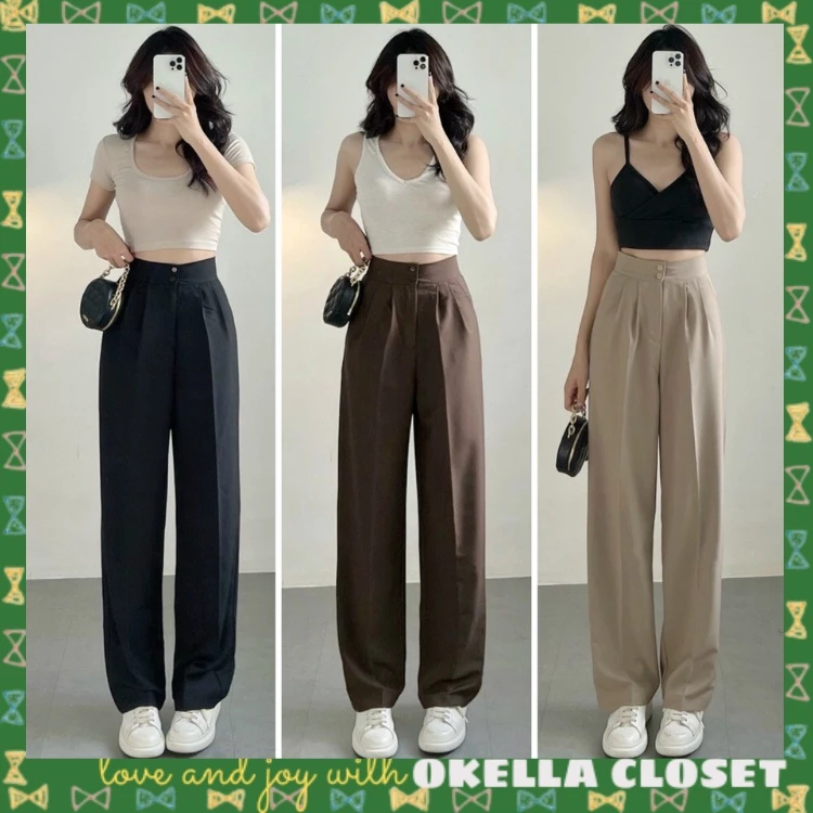 Quần culottes ống rộng suông dài, Quần tây lưng cao 2 cúc chất dày cao cấp 00126 Okélla