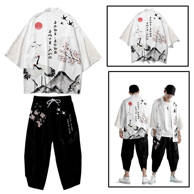 Set Áo Khoác Kimono + Quần Dài Dáng Rộng Phong Cách Nhật Bản Thời Trang Cho Nam Và Nữ Size S-5XL