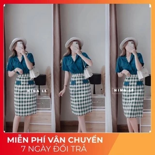 [ 𝐅𝐑𝐄𝐄 𝐒𝐇𝐈𝐏 ] SET ÁO SƠ MI XANH ĐẬM MIX CHÂN VÁY CARO PHỐI NẮP TÚI