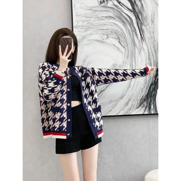 Áo Khoác HAMEN Cadigan Len Dệt Kim, Áo Cadigan Len Chất Mềm Cổ Tròn Dáng Lỡ Thêu Gấu Ngực Hàng Qccc Siêu Xinh
