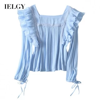 Áo chiffon IELGY dáng rộng cổ vuông tay dài phối bèo ngọt ngào phong cách Hàn Quốc