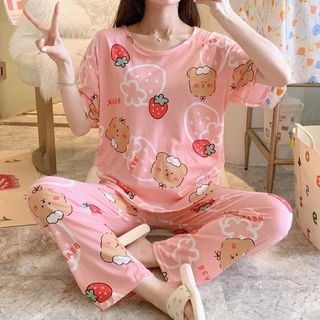 Set đồ bộ ngủ nữ mặc nhà ulzzang pijama Dâu Đỏ Gấu Bông DN131 (có ảnh thật)