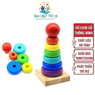 Đồ chơi gỗ tháp xếp chồng 8 tầng cho bé nhận biết màu sắc kích thước, Đồ chơi Montessori gỗ an toàn- THÁP XẾP