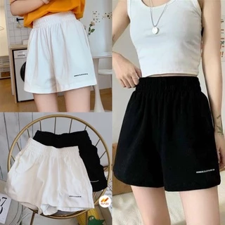 Quần Short Đũi Thêu Chữ Nhỏ Nữ Shorts đùi ống rộng, sooc cạp chun màu trắng đen, sọt ngắn Ulzzang Phong cách hàn quốc