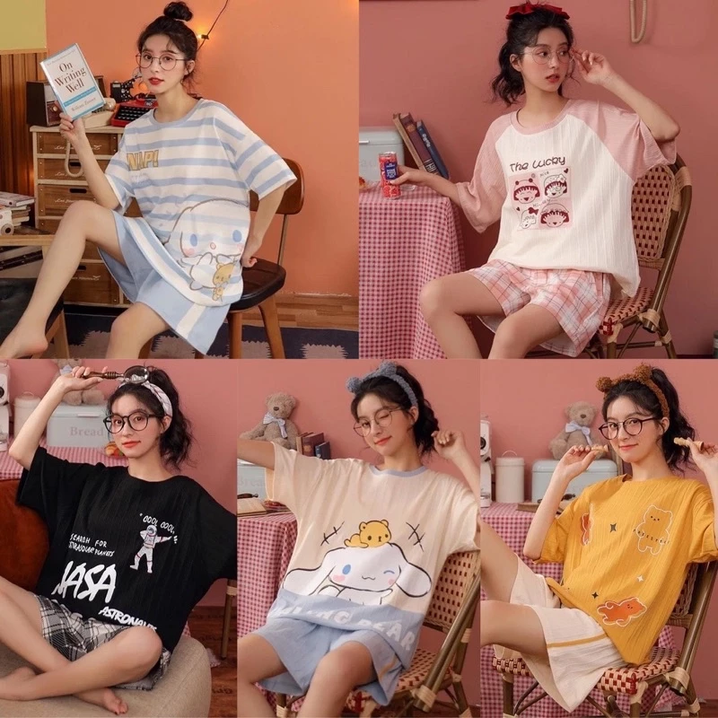 Đồ ngủ ngắn cộc tay, đồ bộ mặc ở nhà Quảng Châu, pijama bông cotton, họa tiết dễ thương.