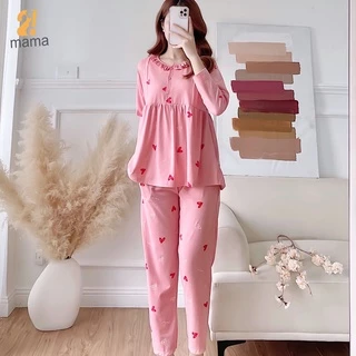 Bộ đồ bầu và sau sinh 2MAMA dài tay, cổ bèo có khóa cho con bú, đồ bầu mặc nhà cotton V003