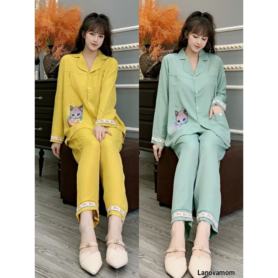 Bộ đồ Bầu Pijama Dài Tay Và Sau Sinh Có Khóa Cho Con Bú Mặc Ở Nhà Thu Đông  BD945