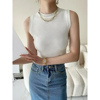 Áo crop top không tay ngắn sọc rộng rắn