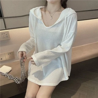 Jiashucheng Waffle Áo Sweatshirt Mỏng Dáng Rộng Cỡ Lớn Dài Vừa Phải Phong Cách Lười Cho Nữ @