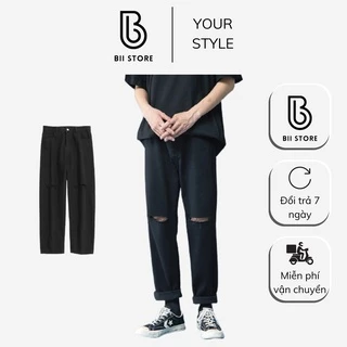 Quần baggy nam nữ ống rộng rách gối màu đen , quần jeans unisex không phai màu BMX