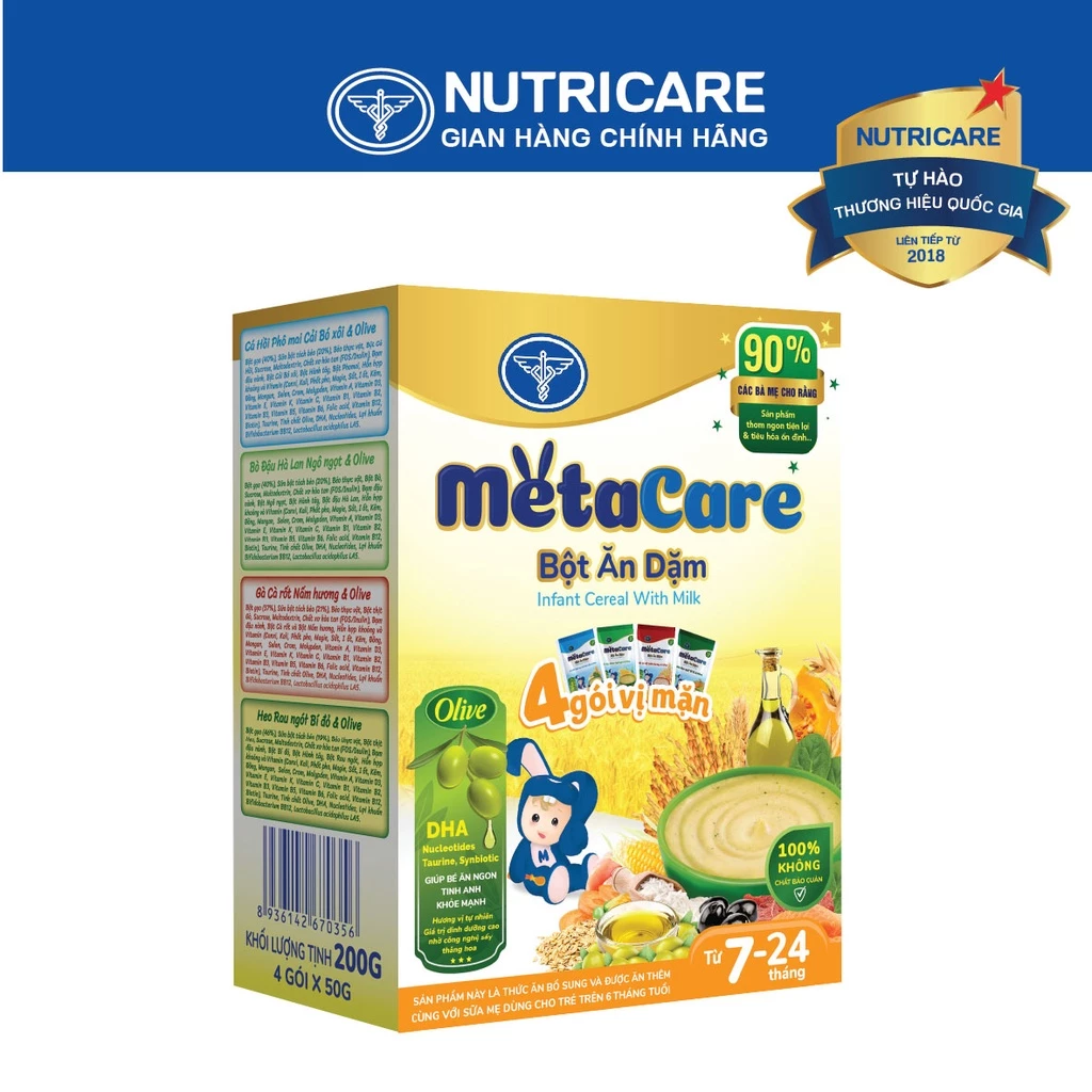 Bột Ăn Dặm NUTRICARE Metacare Vị Mặn Ngọt Thơm Ngon Tự Nhiên, Bé Chịu Ăn Chắc Bụng, Ngủ Sâu và Tiêu Hóa Ổn Định 200G/Hộp