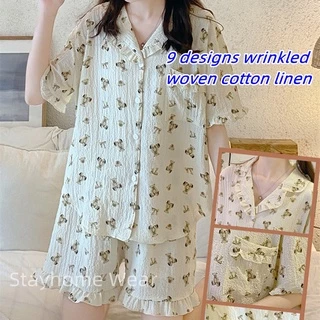 Bộ Đồ Ngủ Tay Ngắn + Quần Sooc Vải Cotton Lanh Kiểu Hàn Quốc Dễ Thương Cho Bạn Gái