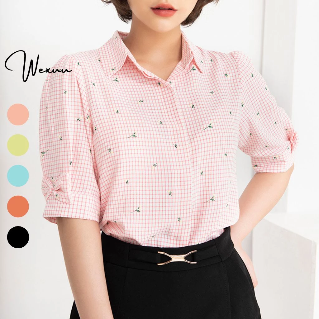 Áo sơ mi nữ kẻ caro họa tiết Wexuu Design tay lỡ phối nơ chất Kate cao cấp - Caro Hồng - BS07