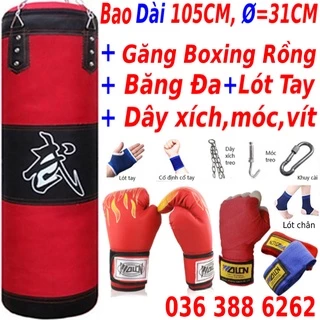 Găng bao tay đấm bốc boxing rồng lửa + Vỏ bao cát tập đấm bốc boxing + Băng cuốn tay - Thiết bị tập boxing,mma