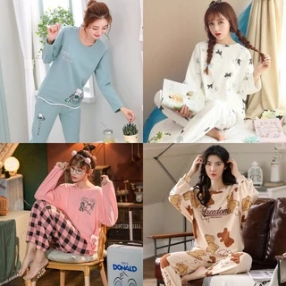 Bộ đồ ngủ nữ, pijama, quần áo mặc nhà dài tay vải co giãn 4 chiều thu đông xuân dễ thương kèm ảnh thật QA07