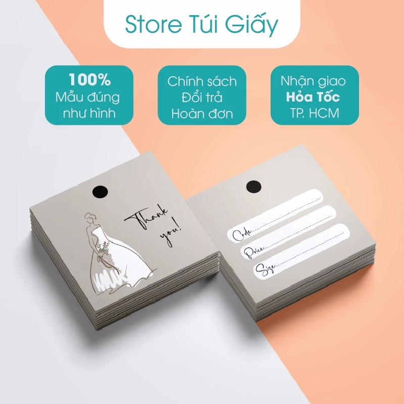 Mác quần áo, Tag treo đồ kèm bảng thông tin, Set 100 Tag 5x5cm đã khoan sẵn lỗ, giấy dày cứng cáp. Store Túi Giấy