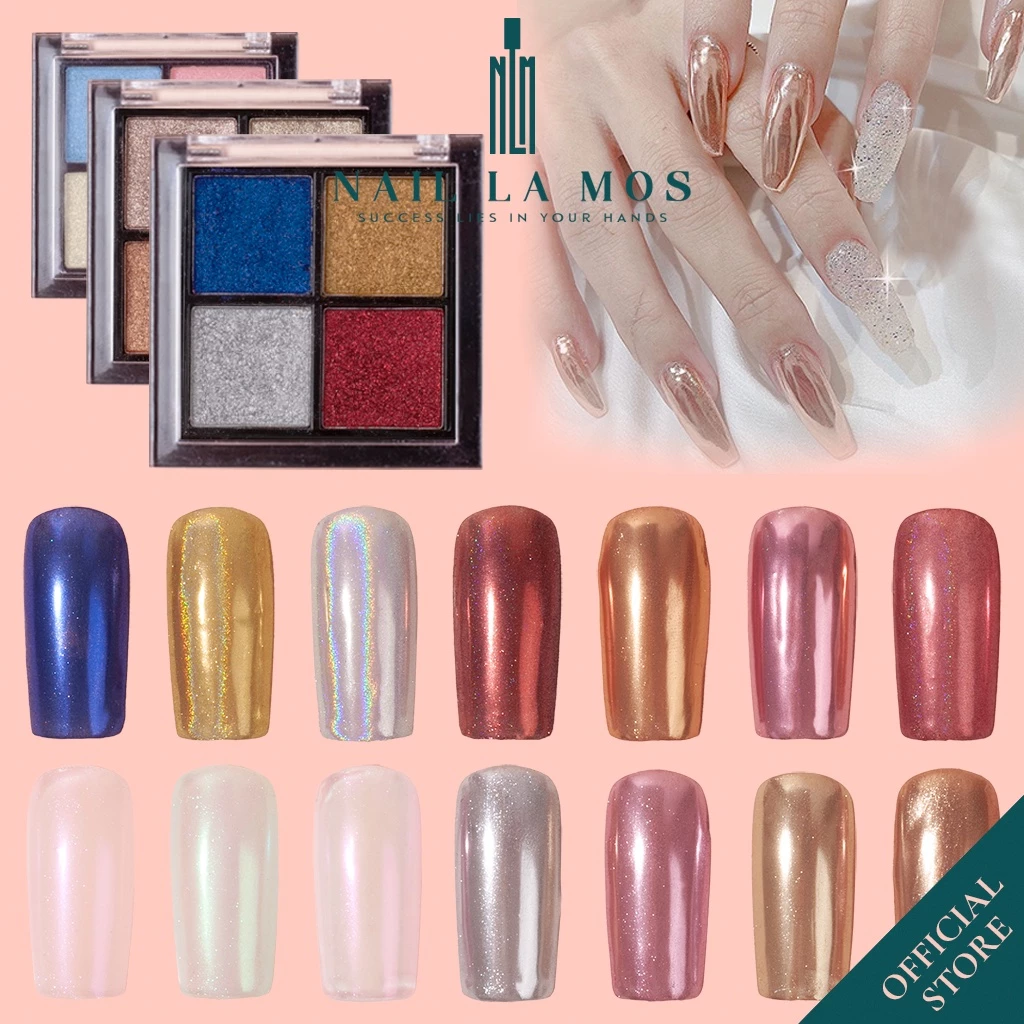 Bột tráng gương nail dạng nén 4 màu/hộp - Bột trang trí móng nhiều màu, siêu bám (Tặng kèm 2 cọ chà tráng gương)