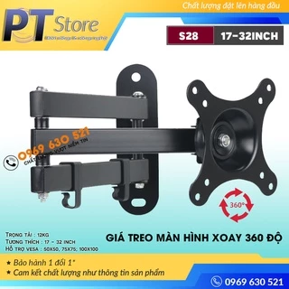 S28 | Giá Treo Màn Hình Máy Tính Gắn Tường 17 -  32 Inch Trục Màn Xoay 360độ - Tích Hợp Kẹp Giữ Cable