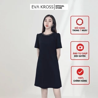 Váy suông nữ dáng dài cổ đính đá sang trọng đầm công sở dự tiệc màu đen EVA KROSS thiết kế