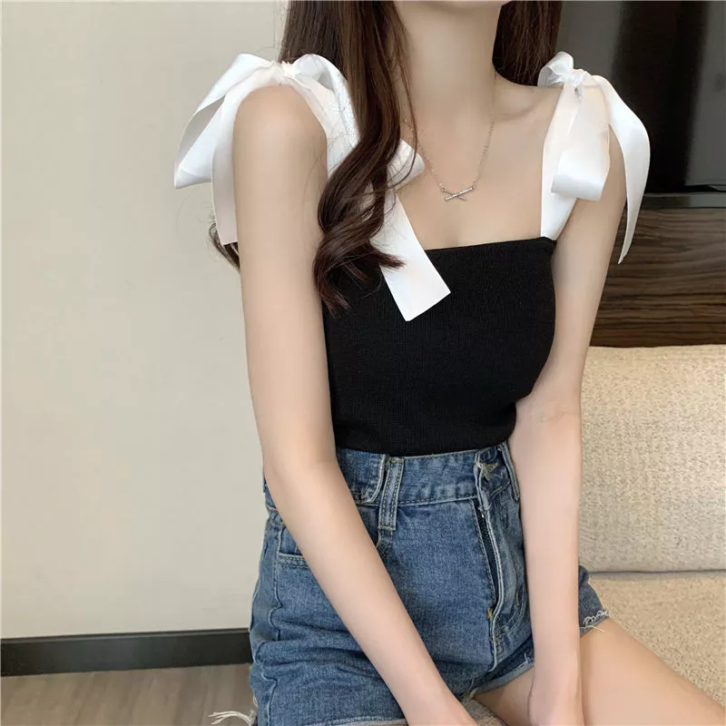 Áo hai dây nữ bản to áo 2 dây nơ dáng croptop phong cách tiểu thư