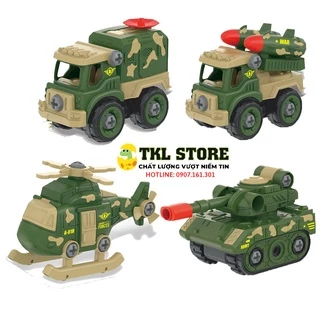 Đồ chơi lắp ráp, bộ 4 xe quân đội chất liệu nhựa cao cấp kèm bộ dụng cụ tháo lắp cho bé - TKL STORE