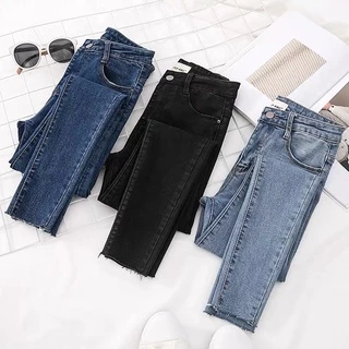 Quần bò jeans ôm đen - xanh cạp cao co dãn tua gấu ( kèm ảnh thật )