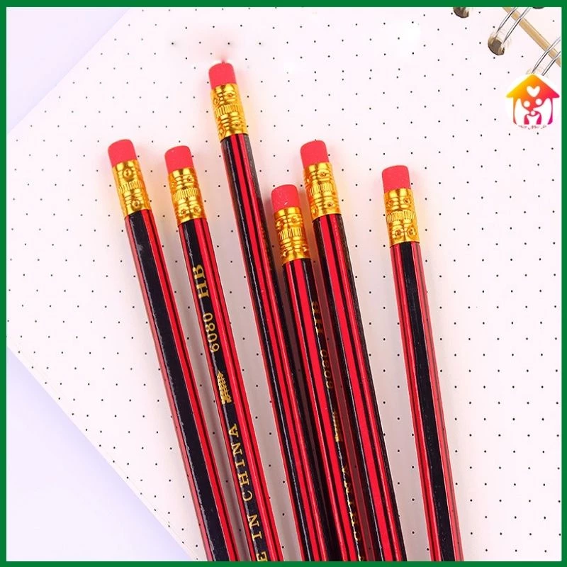 Bút chì thân gỗ lục giác màu đỏ đen kèm tẩy