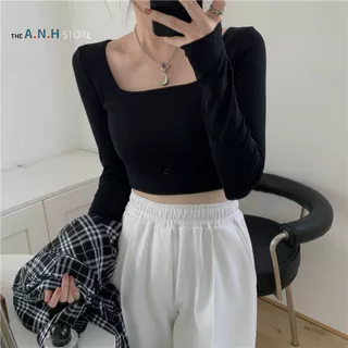 Áo thun nữ Croptop tay dài cổ vuông, phom ôm, chất cotton ANHSTORE , phong cách Hàn Quốc