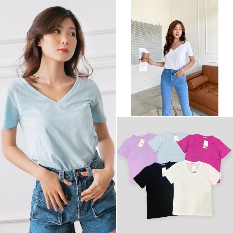 Áo thun basic V cổ Tim zara  cotton sượt organic