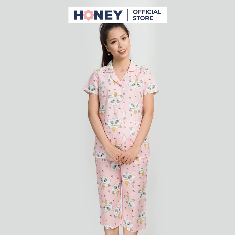 Bộ đồ ngủ pajama cộc tay mặc nhà, chất liệu thô hàn, quần rút chun - Thời trang bà bầu cao cấp Honey