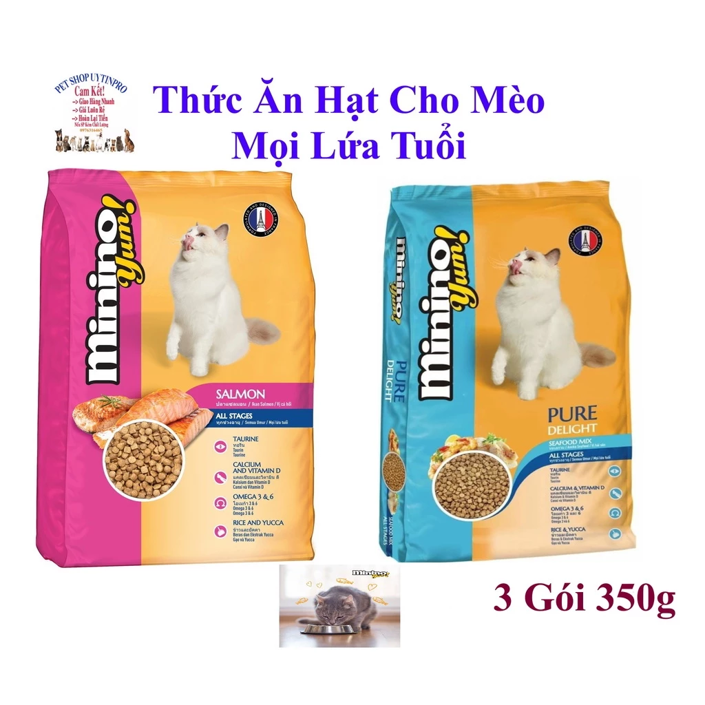 Combo 3 Gói Thức ăn hạt cho Mèo mọi lứa tuổi Minino Yum 350g Thương hiệu Pháp Bổ sung dinh dưỡng hoàn chỉnh cho Mèo