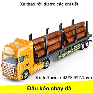 Đồ chơi xe đầu kéo vận chuyển khai thác gỗ có chạy đà và nhiều thanh lắp ghép