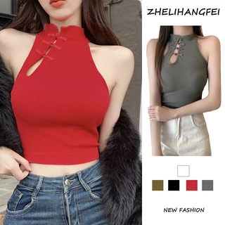 ZHELIHANGFEI Áo Croptop Không Tay Eo Cao Phong Cách Trung Hoa Mới