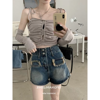 ZHELIHANGFEI Quần Short Jean Lưng Cao Dáng Rộng Phong Cách Retro Dễ Phối Đồ