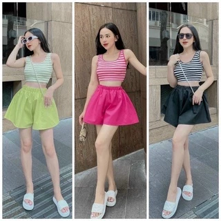 Sét bộ áo 3 lỗ sọc croptop phối quần đùi xòe cực hot , chất thun gân dày dặn