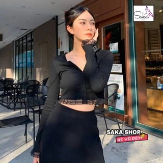 Áo croptop nữ tay dài thun cotton phối ren nữ trơn màu