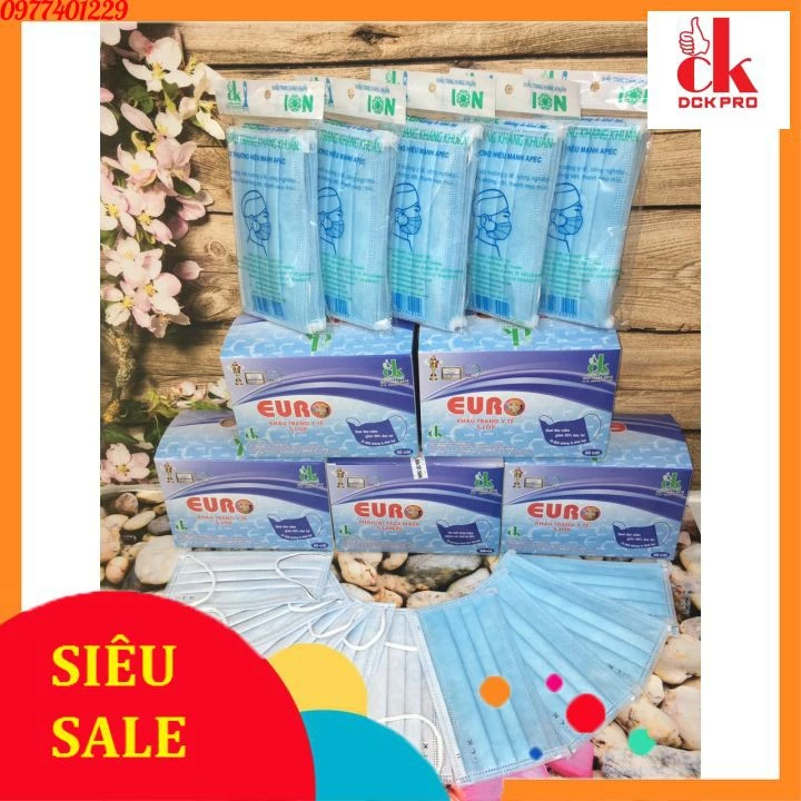 [Chính Hãng] Khẩu Trang Y Tế Euro Xanh 5 Lớp Kháng Khuẩn Tốt 1 Hộp 50 Chiếc