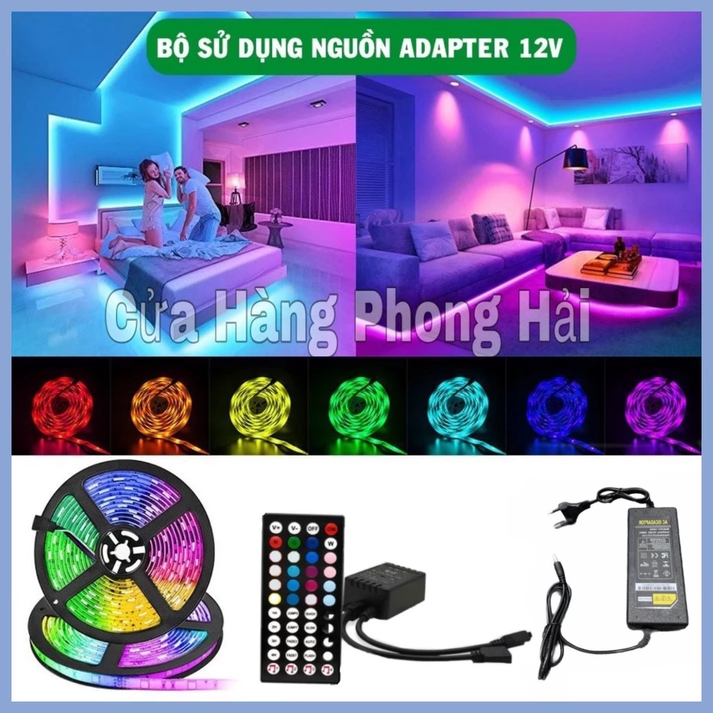 Bộ đèn led RGB 5m 5050 dây dán đổi 7 màu có phủ silicon bên ngoài chống nước, led cuộn dây dán rgb nhiều màu led