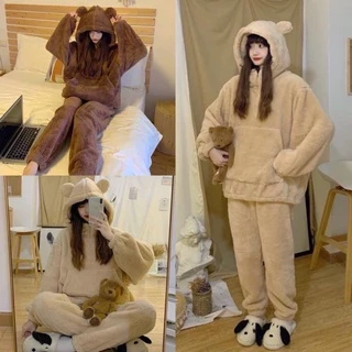 Sét bộ ngủ lông gấu hoodIe màu be, nâu from rộng ulzzang, đồ bộ lông cừu giữ nhiệt ấm áp hàn quốc