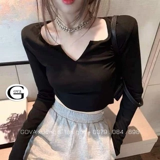 Áo Croptop CỔ KHOÉT CHỮ V TAY DÀI Thun gân Kiểu Sexy Nữ, Áo Thun Ôm Body Đẹp GOVA