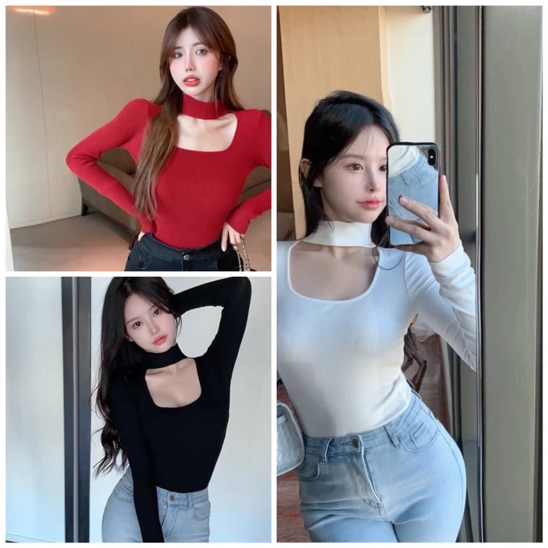 Áo thun croptop tay dài cổ lọ phối hở dáng ôm