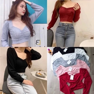 Áo kiểu croptop tay dài nhún ngực thun gân