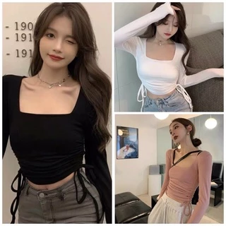 Áo kiểu croptop tay dài cổ tim chít phối dây cổ cho nữ