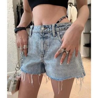 Aw 2022 Quần Short Denim Bạc Màu Eo Giữa Mới