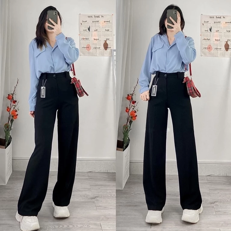 Quần ống suông nữ khoá trước vải tuyết mưa cao cấp quần dài ống rộng nữ cạp cao siêu hack dáng màu đen trắng be 096