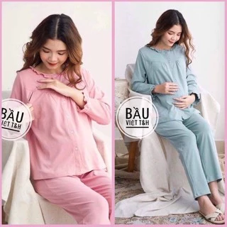 Bộ Bầu Và Sau Sinh Cổ Bèo, Cài Cúc Trơn, Chất Cotton Loại Đẹp