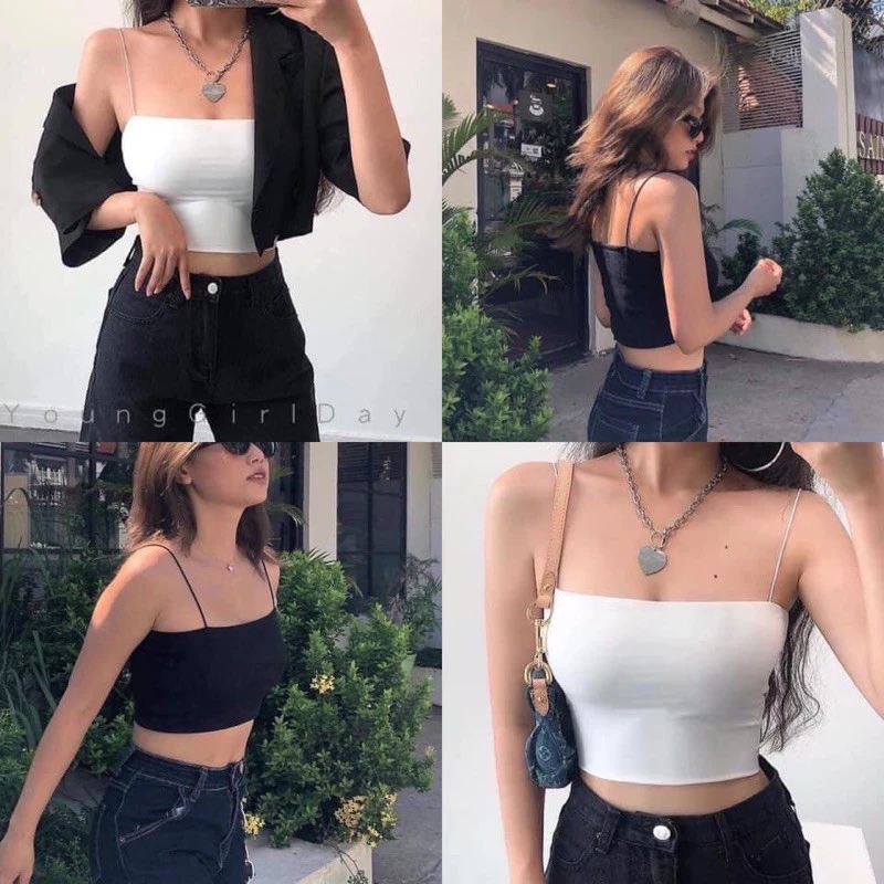 Áo 2 dây sợi bún dáng croptopthun gân đẹp cotton, dáng ôm vải mịn co giãn màu ĐEN/TRẮNG