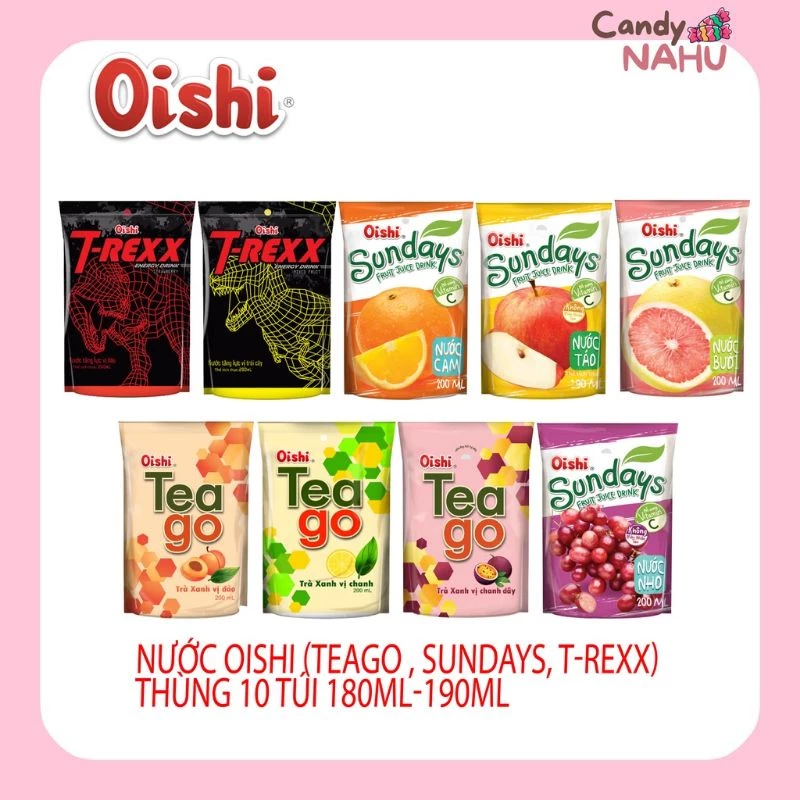 Nước Oishi (teago , sundays, t-rexx) thùng 10 túi 180ml-190ml