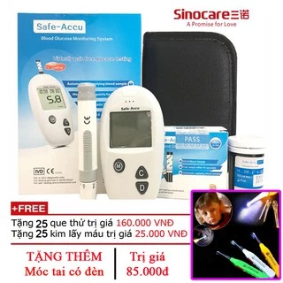 Máy đo đường huyết Sinocare Safe Accu kèm 25 kim, que + Tặng tiếp MÓC TAI CÓ ĐÈN