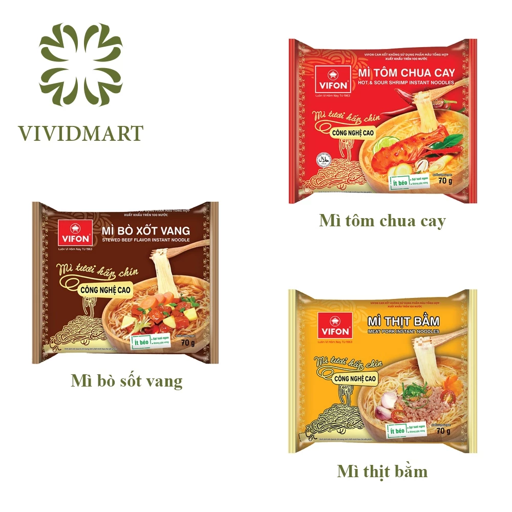 [Toàn quốc] [Gói lẻ] MÌ TƯƠI HẤP CHÍN VIFON 3 VỊ: BÒ XỐT / SỐT VANG, THỊT BẰM, TÔM CHUA CAY – GÓI 70g